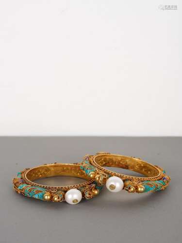 Pair of Chinese Silver Gilt Inlaid Filigree Bracelets