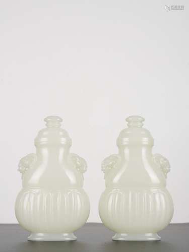 Chinese Antique Qing White Jade Vases Pair