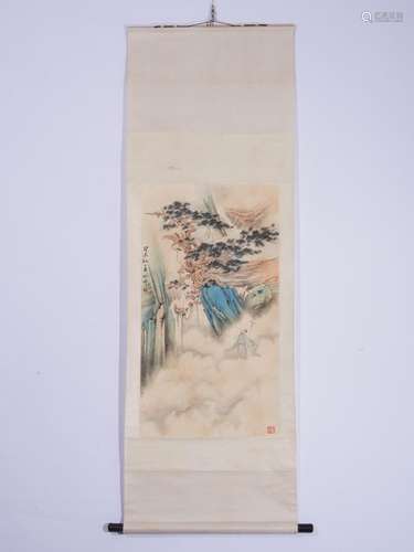 Hu Yefo Green and Blue Landscape Hanging Scroll