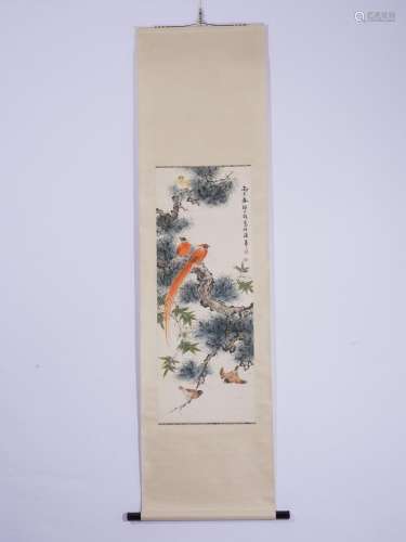 Yan Bolong, Bird and Pines, Hanging scroll