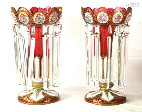 Pr Bohemian Glass Red Lusters