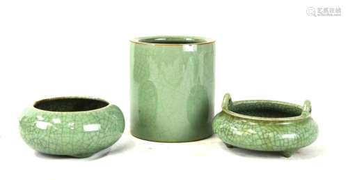 Three Pcs of Chinese Celadon Glazed Objects