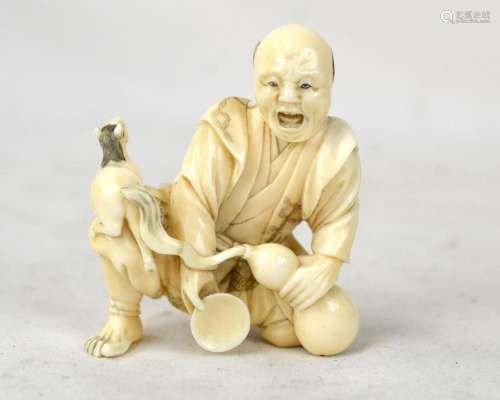 Japanese Carved Figure Group of A Magician