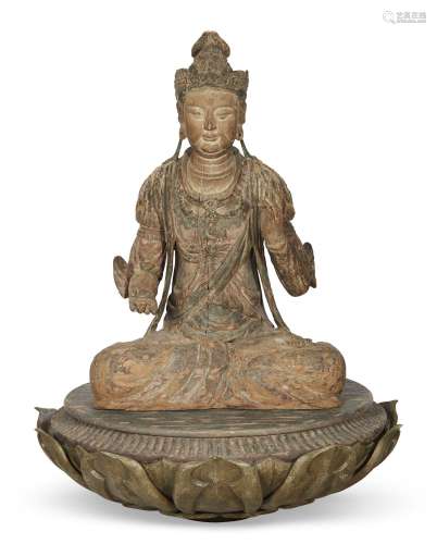 A LARGE AND RARE CHINESE PAINTED WOOD FIGURE OF GUANYIN LIAO...