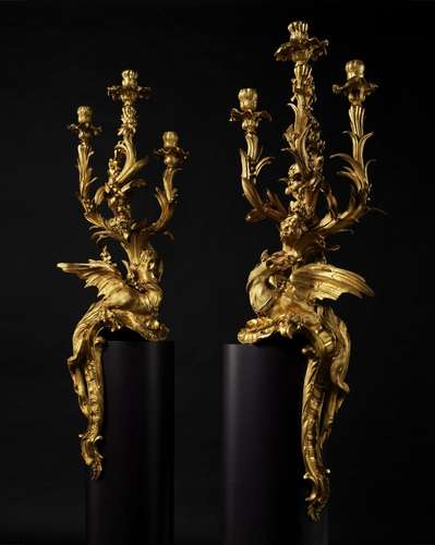 A PAIR OF LOUIS XV GILT-BRONZE THREE-LIGHT GIRANDOLES DE CHE...