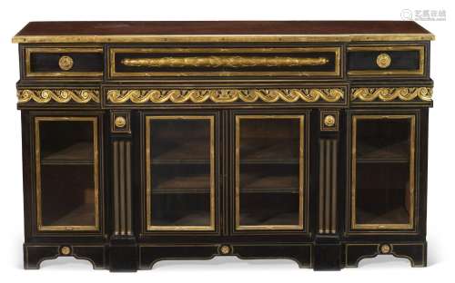 A LATE LOUIS XV ORMOLU-MOUNTED AND BR ASS-INLAID EBONY MEUBL...