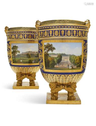 A PAIR OF SILVER-GILT MOUNTED SEVRES PORCELAIN BEAU BLEU GRO...