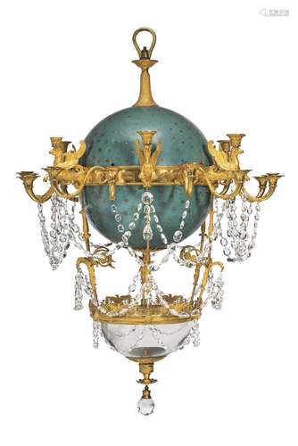 AN EMPIRE CUT-GLASS MOUNTED ORMOLU AND TOLE-PEINTE EIGHTEEN-...