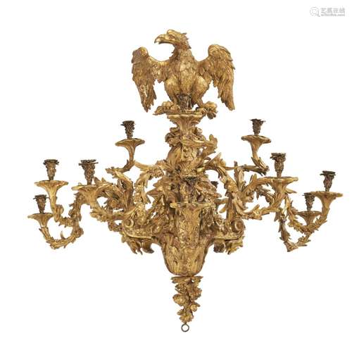 A GEORGE II GILTWOOD AND GILT-BRONZE CHANDELIER THE DESIGN A...