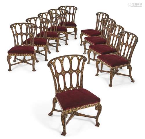 A SET OF TEN GEORGE II MAHOGANY AND PARCEL-GILT DINING CHAIR...