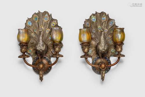 TIFFANY STUDIOS PAIR OF 'PEACOCK' SCONCES FROM ANITA BALDWIN...