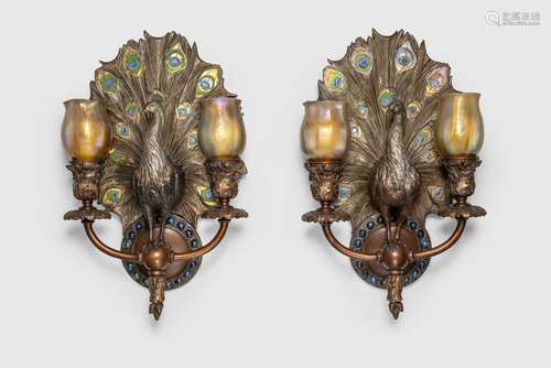 TIFFANY STUDIOS PAIR OF 'PEACOCK' SCONCES FROM ANITA BALDWIN...