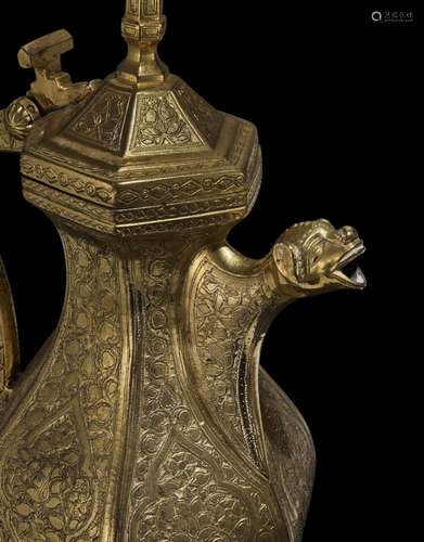 A GOTHIC SILVER-INLAID BRONZE EWER WITH MAMLUK DECORATION FL...