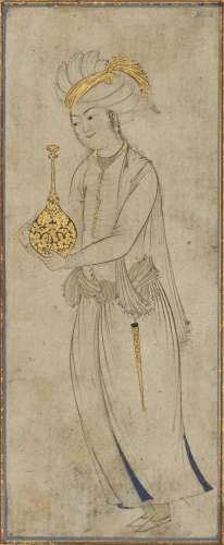 A YOUTH HOLDING A BOTTLE SAFAVID IRAN, CIRCA 1640