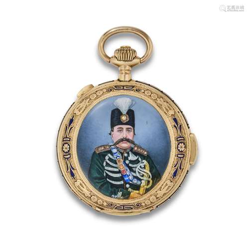 AN ENAMELLED GOLD POCKET WATCH WITH PORTRAIT OF MUZAFFAR AL-...