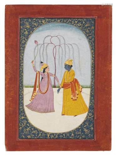 THE JEALOUS RADHA STRIKES KRISHNA WITH A LOTUS STEM KANGRA, ...