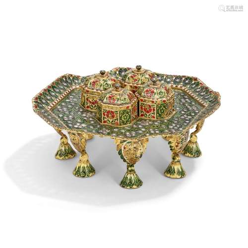 AN ENAMELLED AND DIAMOND-SET PANDAN TRAY AND BOXES HYDERABAD...