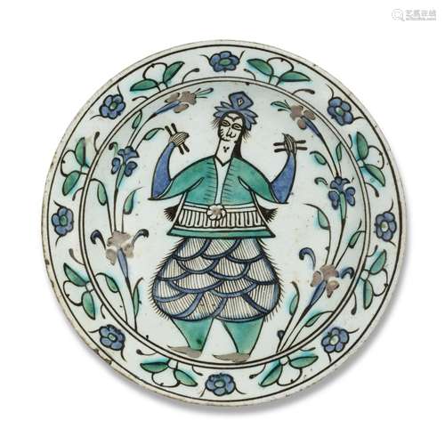 A FIGURAL IZNIK POTTERY DISH OTTOMAN TURKEY, MID 17TH CENTUR...