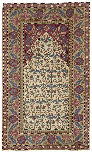 A SILK EMBROIDERED CAUCASIAN PRAYER RUG 18TH CENTURY