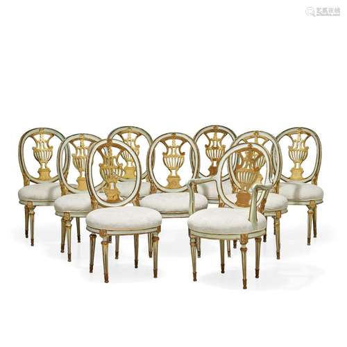 Group of eight chairs and one armchair