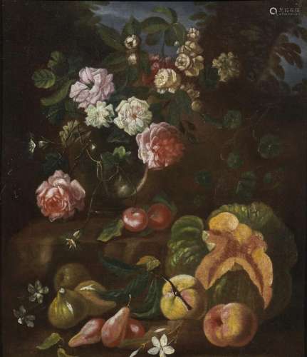 Still life with flowers and fruit