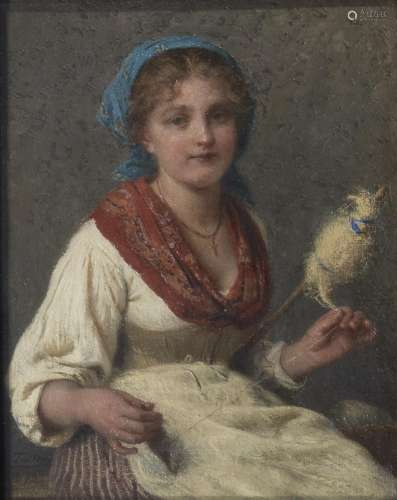 Young girl carding wool