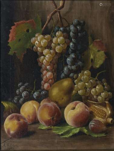 Still life with grapes, peaches and corn