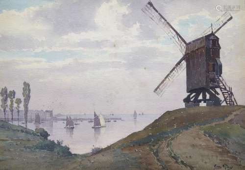 Dutch seascape with windmill