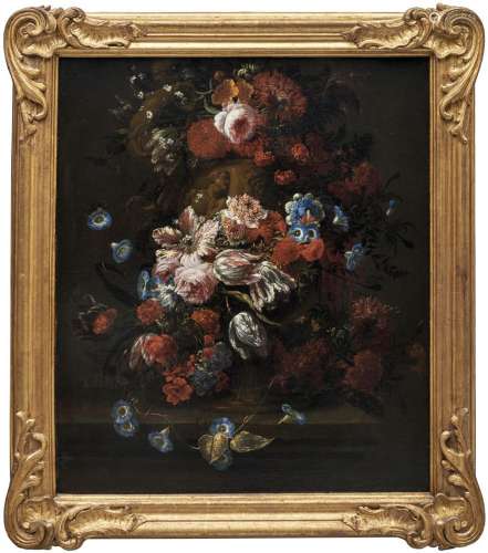 Still life with flowers in an historiated vase