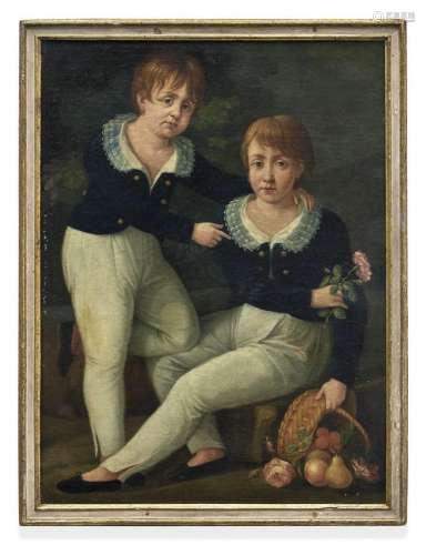 Portrait of two children with a basket with flowers and frui...