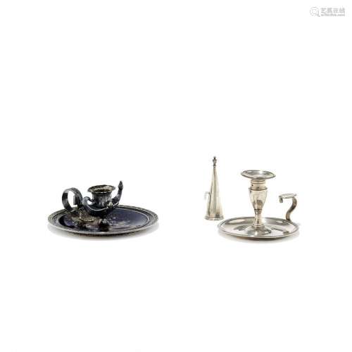 Two silver chamber oil lamps