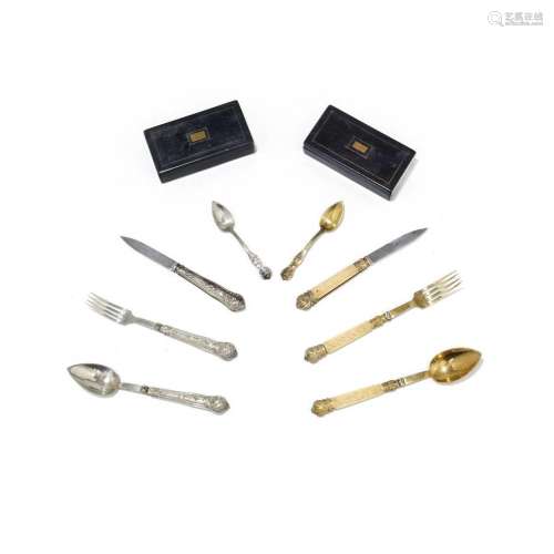 Two silver sets of travel cutlery  Paris, circa 1840