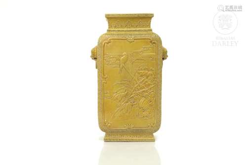 A "famille jaune" vase with carved decoration, Qin...