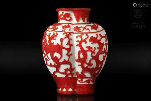 A red and white Beijing glass vase, Qianlong mark