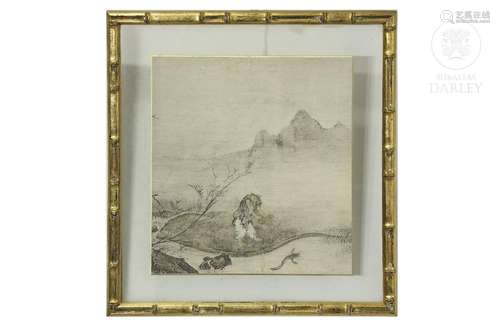 Painting on paper "Landscape with river", Japan, S...