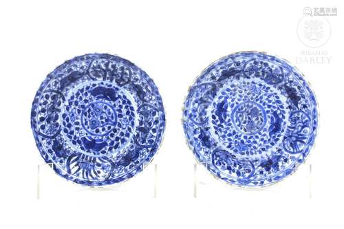 Pair of blue and white porcelain dishes, Qing dynasty