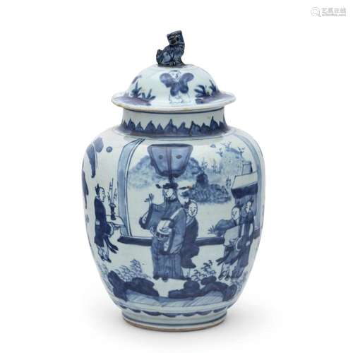 VASO OVOIDALE CON COPERCHIO IN PORCELLANA BIANCA E BLU, CINA...