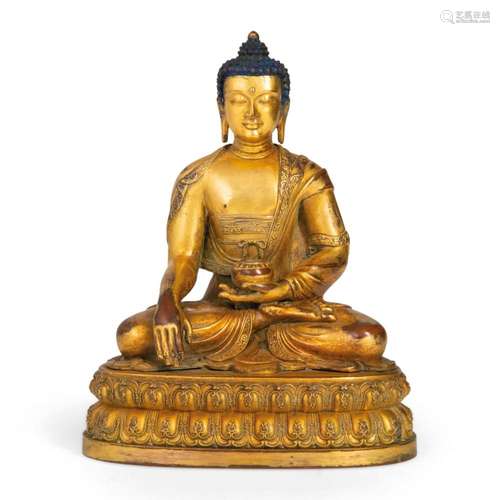 FIGURA IN BRONZO DORATO DI BUDDHA SHAKYAMUNI SEDUTO, SINO-TI...