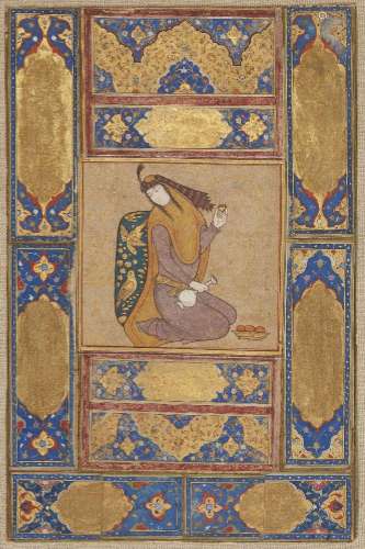 A portrait of a kneeling lady, Safavid Iran, 17th century, g...