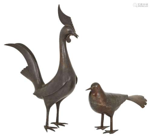 A Qajar steel cockerel and a dove, Persia, 19th century, bot...