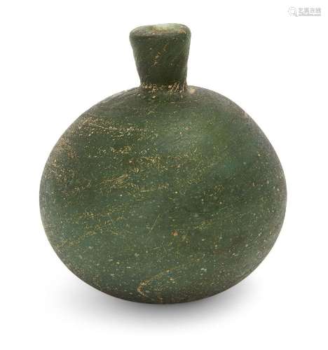 A green glass flask, Persia, 9th century, of spherical form,...