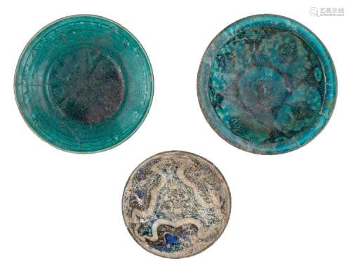 Three turquoise glazed pottery vessels, probably Kashan, Ira...
