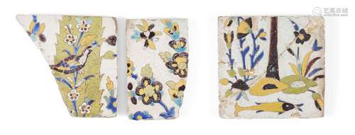 Three Safavid cuerda seca tiles, Iran, 17th century, undergl...