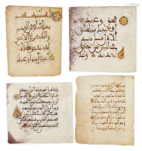 Four Maghrebi Qur'an folios, North Africa or Al-Andalus, 9th...