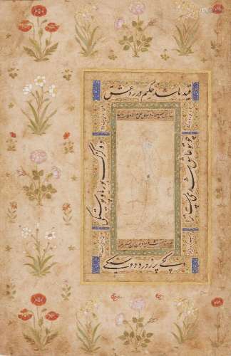 An album page with a Safavid drawing and borders from an alb...