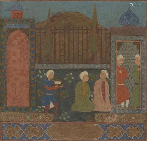 A Turkmen-style painting of visitors at a shrine, Iran, 19th...
