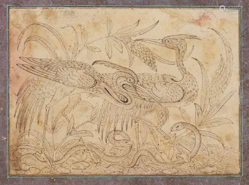 A Qajar ink drawing of two cranes in the Safavid style, Iran...