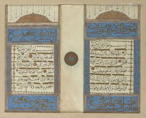 An illuminated Qur'an bifolio, Turkey, early 20th century, A...