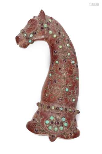 A ruby- and turquoise-set red hardstone hilt, India, late 19...