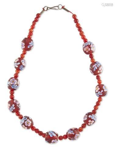 A Qajar enamelled glass and carnelian bead necklace, Iran, 1...